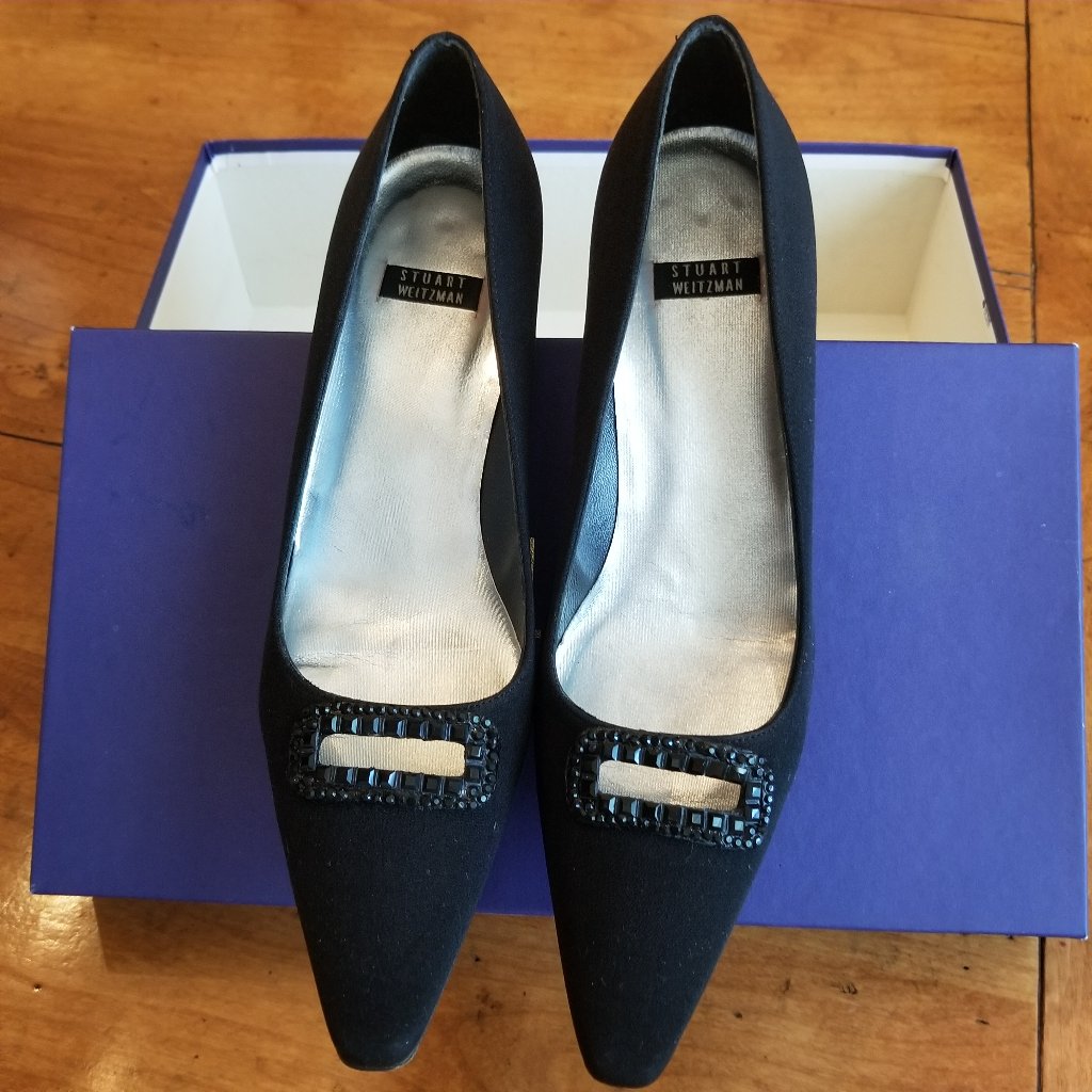 Stuart Weitzman Black Peau De Soie /Rhinestone Formal Evening Shoes, 5.5m
